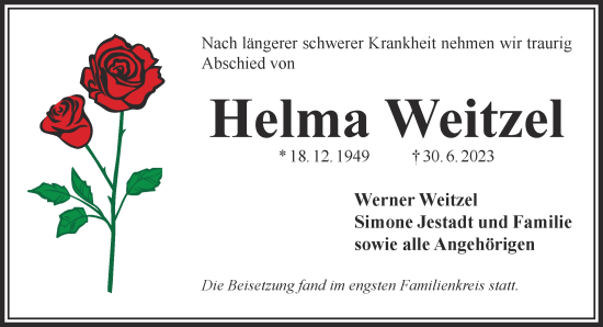 Traueranzeige von Helma Weitzel von Gelnhäuser Neue Zeitung