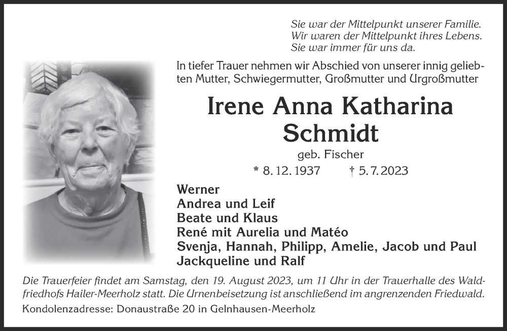  Traueranzeige für Irene anna Katharina vom 29.07.2023 aus Gelnhäuser Neue Zeitung