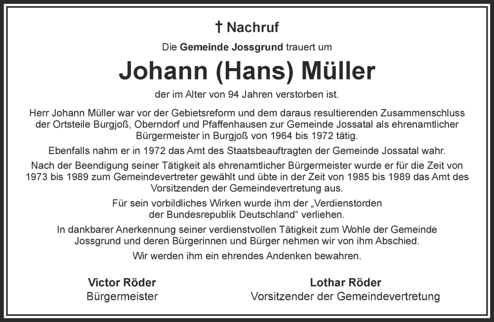  Traueranzeige für Johann  Müller vom 29.07.2023 aus Mittelhessen-Bote