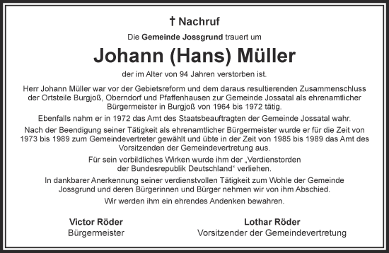 Traueranzeige von Johann Müller von Gelnhäuser Neue Zeitung