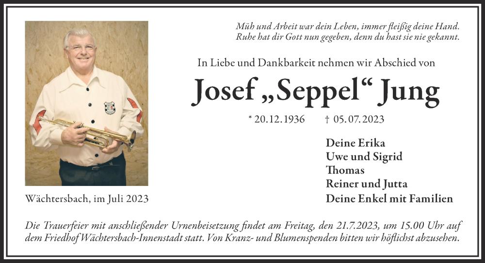  Traueranzeige für Josef Jung vom 15.07.2023 aus Mittelhessen-Bote