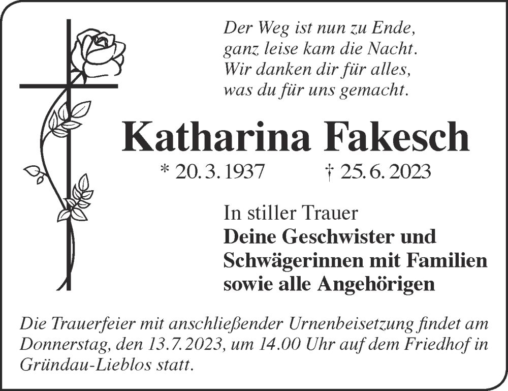  Traueranzeige für Katharina Fakesch vom 08.07.2023 aus Gelnhäuser Neue Zeitung