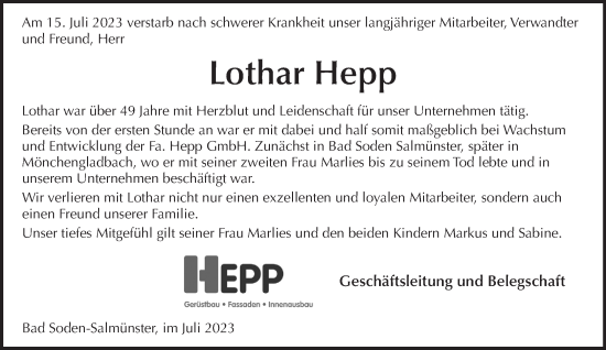 Traueranzeige von Lothar Hepp von Gelnhäuser Neue Zeitung
