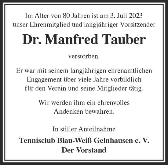 Traueranzeige von Manfred Tauber von Gelnhäuser Neue Zeitung