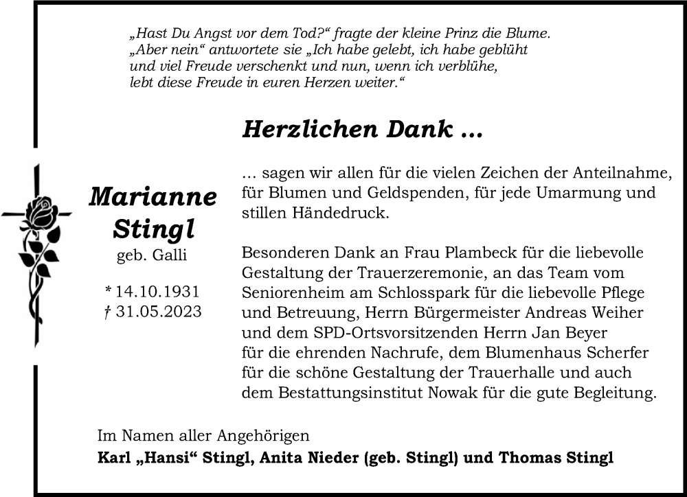  Traueranzeige für Marianne Stingl vom 29.07.2023 aus Gelnhäuser Neue Zeitung