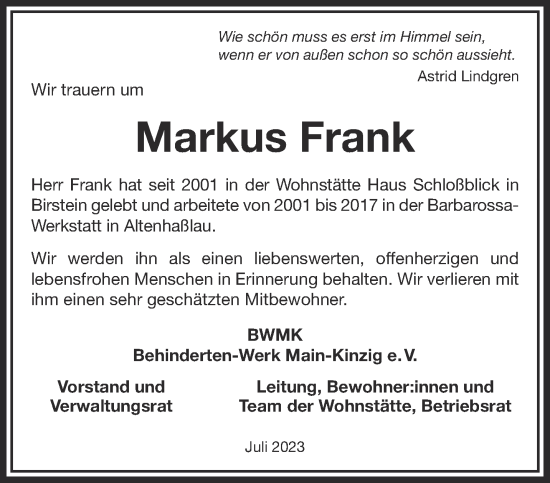 Traueranzeige von Markus Frank von Mittelhessen-Bote