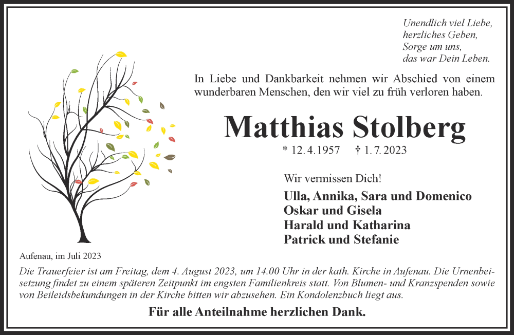  Traueranzeige für Matthias Stolberg vom 29.07.2023 aus Gelnhäuser Neue Zeitung