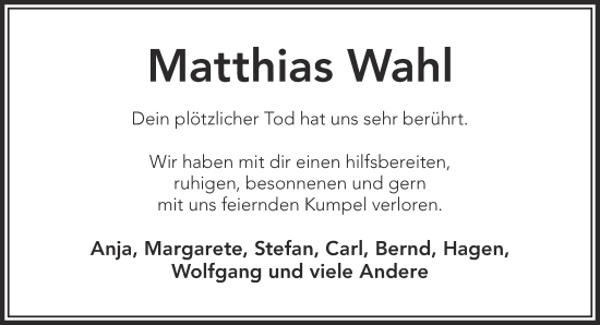 Traueranzeige von Matthias Wahl von Mittelhessen-Bote