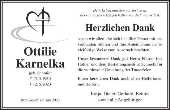 Traueranzeige von Ottilie Karnelka von Gelnhäuser Neue Zeitung
