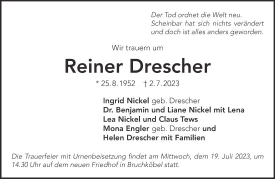 Traueranzeige von Reiner Drescher von Mittelhessen-Bote