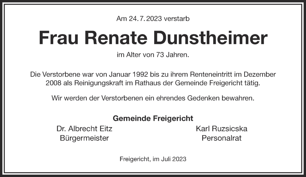  Traueranzeige für Renate Dunstheimer vom 29.07.2023 aus Gelnhäuser Neue Zeitung