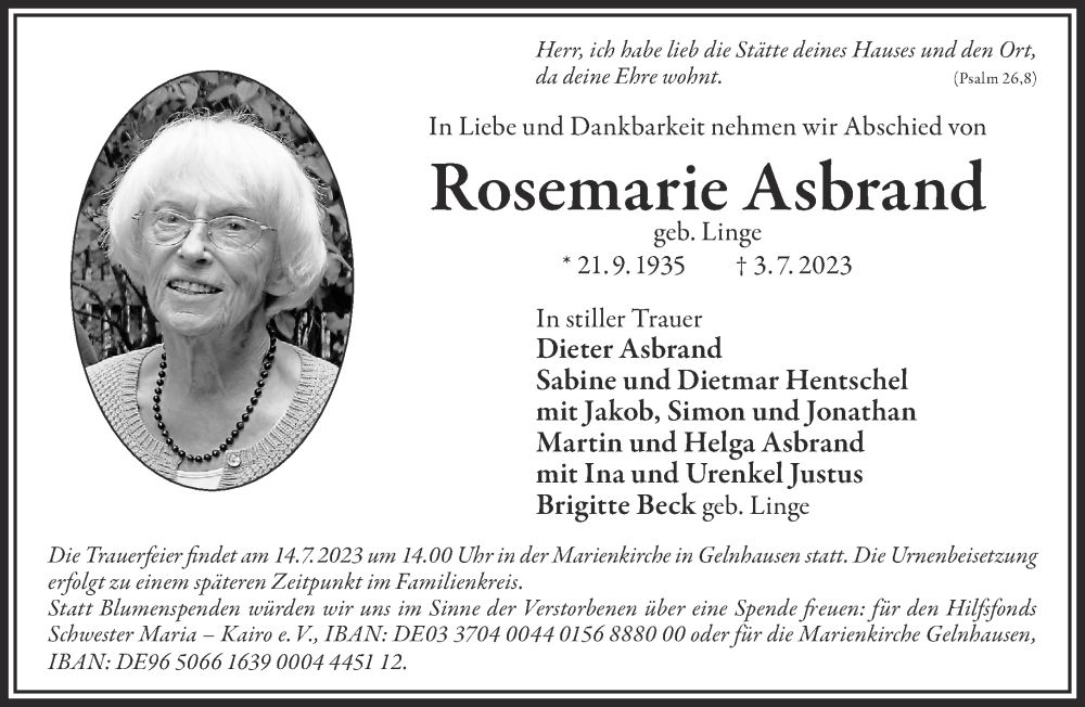  Traueranzeige für Rosemarie Asbrand vom 08.07.2023 aus Gelnhäuser Neue Zeitung