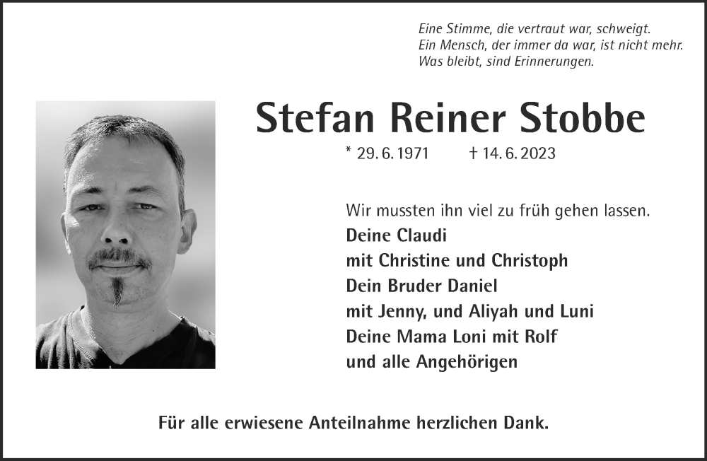  Traueranzeige für Stefan Reiner Stobbe vom 22.07.2023 aus Gelnhäuser Neue Zeitung