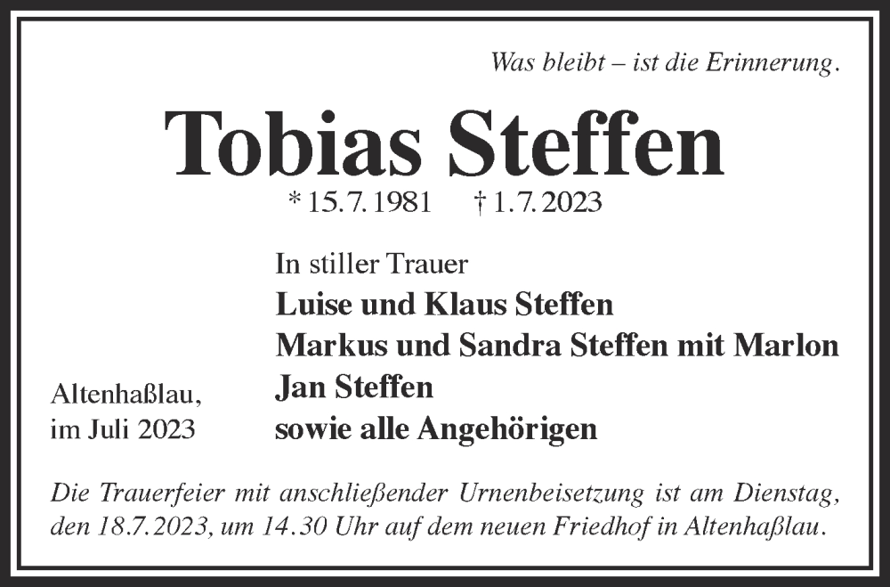  Traueranzeige für Tobias Steffen vom 08.07.2023 aus Gelnhäuser Neue Zeitung