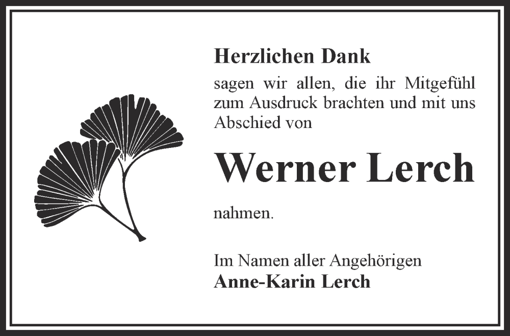  Traueranzeige für Werner Lerch vom 29.07.2023 aus Mittelhessen-Bote