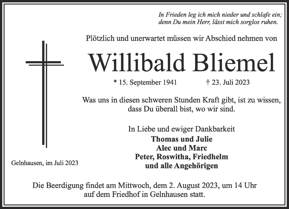  Traueranzeige für Willibald Bliemel vom 29.07.2023 aus Mittelhessen-Bote