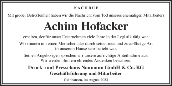 Traueranzeige von Achim Hofacker von Gelnhäuser Neue Zeitung