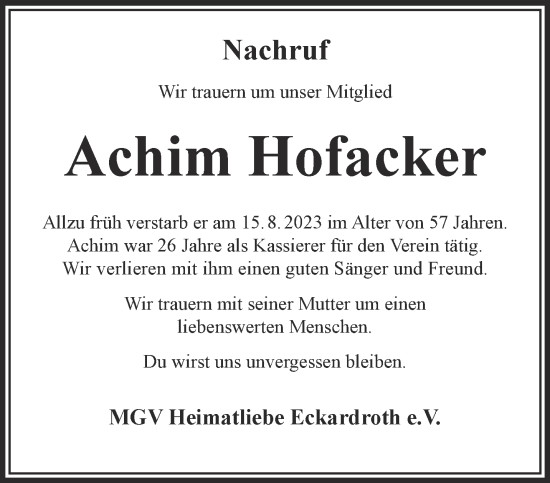 Traueranzeige von Achim Hofacker von Gelnhäuser Neue Zeitung