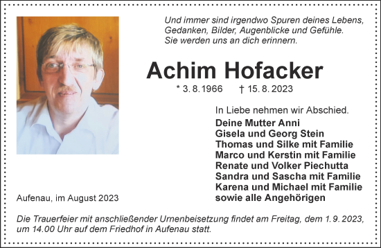 Traueranzeige von Achim Hofacker von Gelnhäuser Neue Zeitung