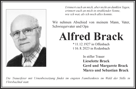 Traueranzeige von Alfred Brack von Mittelhessen-Bote