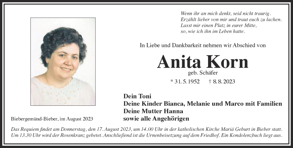  Traueranzeige für Anita Korn vom 14.08.2023 aus Gelnhäuser Neue Zeitung