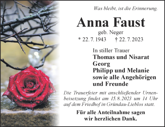 Traueranzeige von Anna Faust von Mittelhessen-Bote