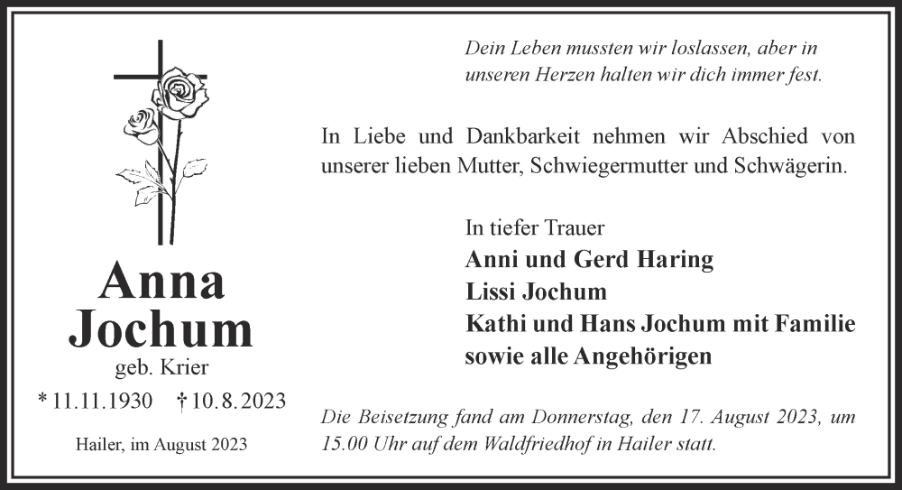  Traueranzeige für Anna Jochum vom 19.08.2023 aus Mittelhessen-Bote