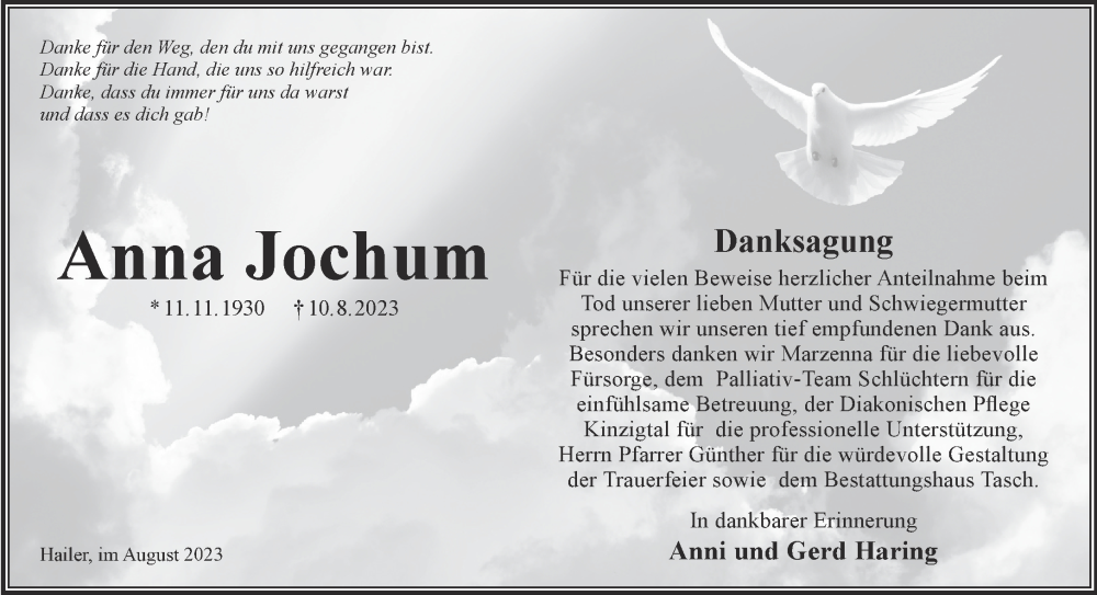  Traueranzeige für Anna Jochum vom 25.08.2023 aus Gelnhäuser Neue Zeitung