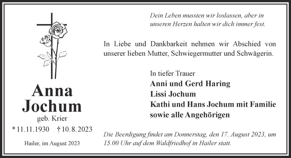  Traueranzeige für Anna Jochum vom 14.08.2023 aus Gelnhäuser Neue Zeitung