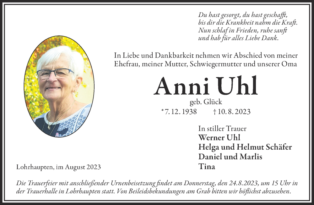  Traueranzeige für Anni Uhl vom 19.08.2023 aus Gelnhäuser Neue Zeitung