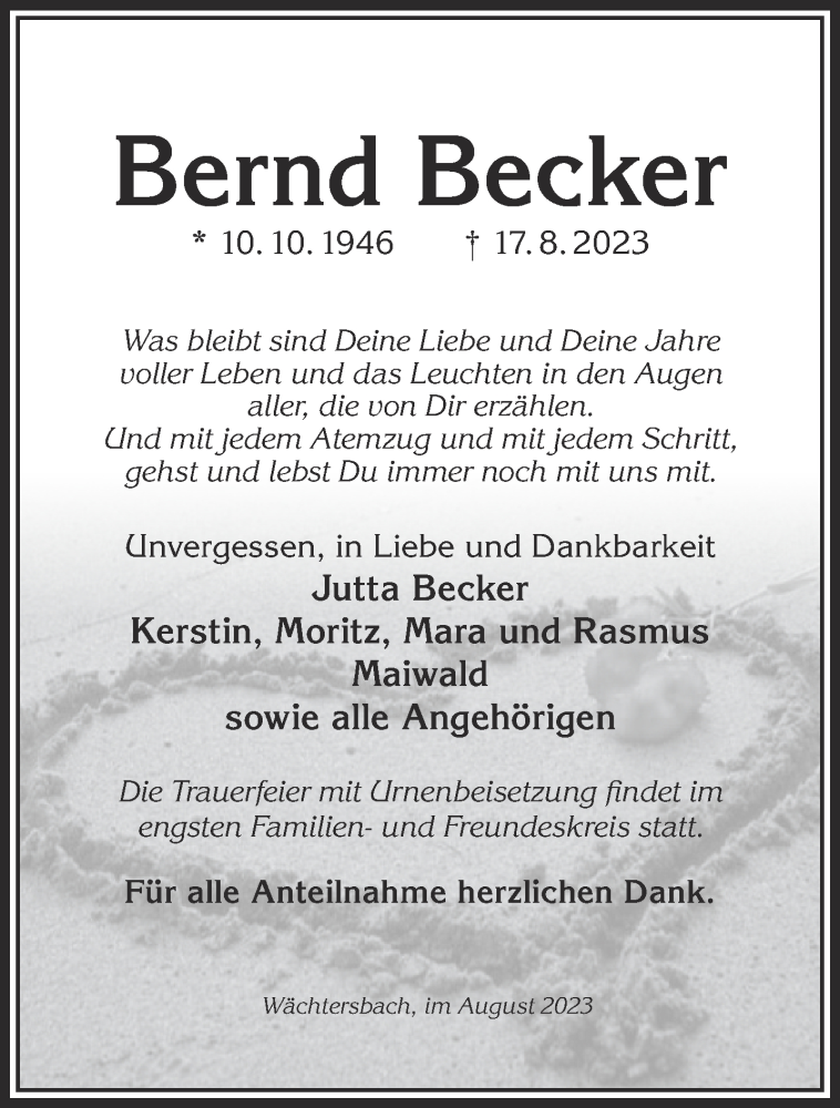  Traueranzeige für Bernd Becker vom 26.08.2023 aus Mittelhessen-Bote