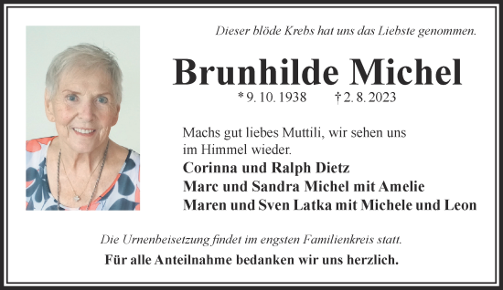 Traueranzeige von Brunhilde Michel von Gelnhäuser Neue Zeitung