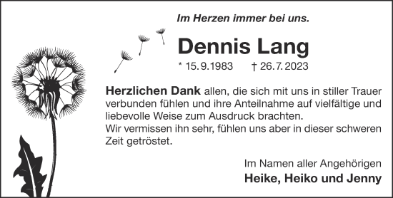 Traueranzeige von Dennis Lang von Gelnhäuser Neue Zeitung