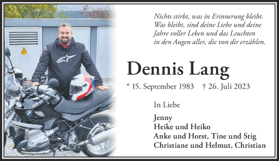 Traueranzeige von Dennis Lang von Gelnhäuser Neue Zeitung