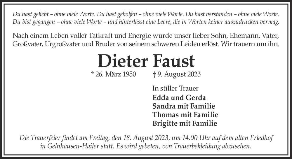  Traueranzeige für Dieter Faust vom 12.08.2023 aus Gelnhäuser Neue Zeitung