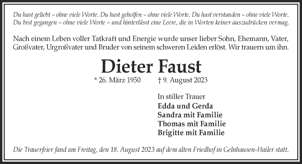  Traueranzeige für Dieter Faust vom 19.08.2023 aus Mittelhessen-Bote
