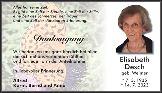 Traueranzeige von Elisabeth Desch von Gelnhäuser Neue Zeitung