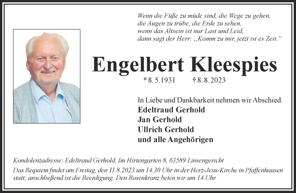  Traueranzeige für Engelbert Kleespies vom 10.08.2023 aus Gelnhäuser Neue Zeitung
