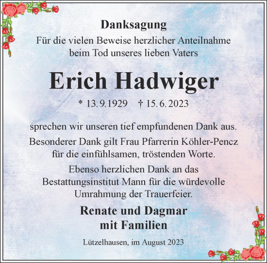 Traueranzeige von Erich Hadwiger von Gelnhäuser Neue Zeitung