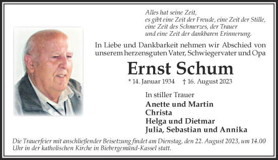 Traueranzeige von Ernst Schum von Gelnhäuser Neue Zeitung
