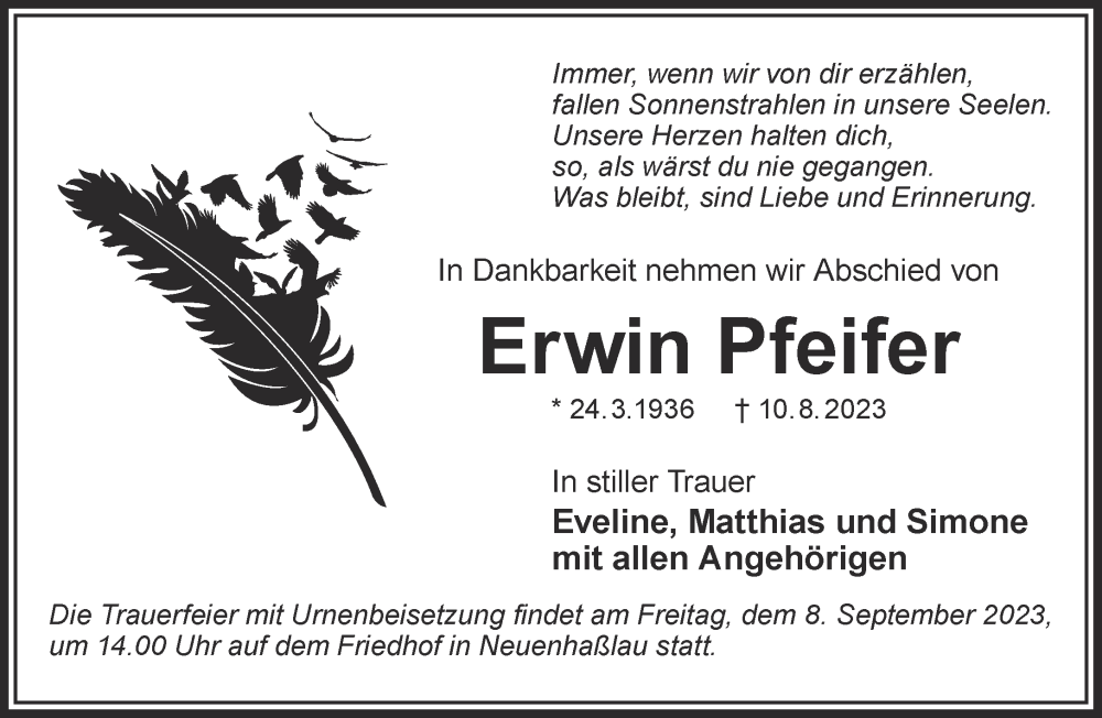  Traueranzeige für Erwin Pfeifer vom 19.08.2023 aus Gelnhäuser Neue Zeitung