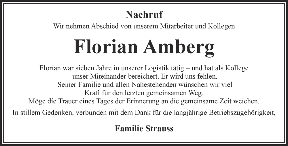  Traueranzeige für Florian Amberg vom 26.08.2023 aus Gelnhäuser Neue Zeitung