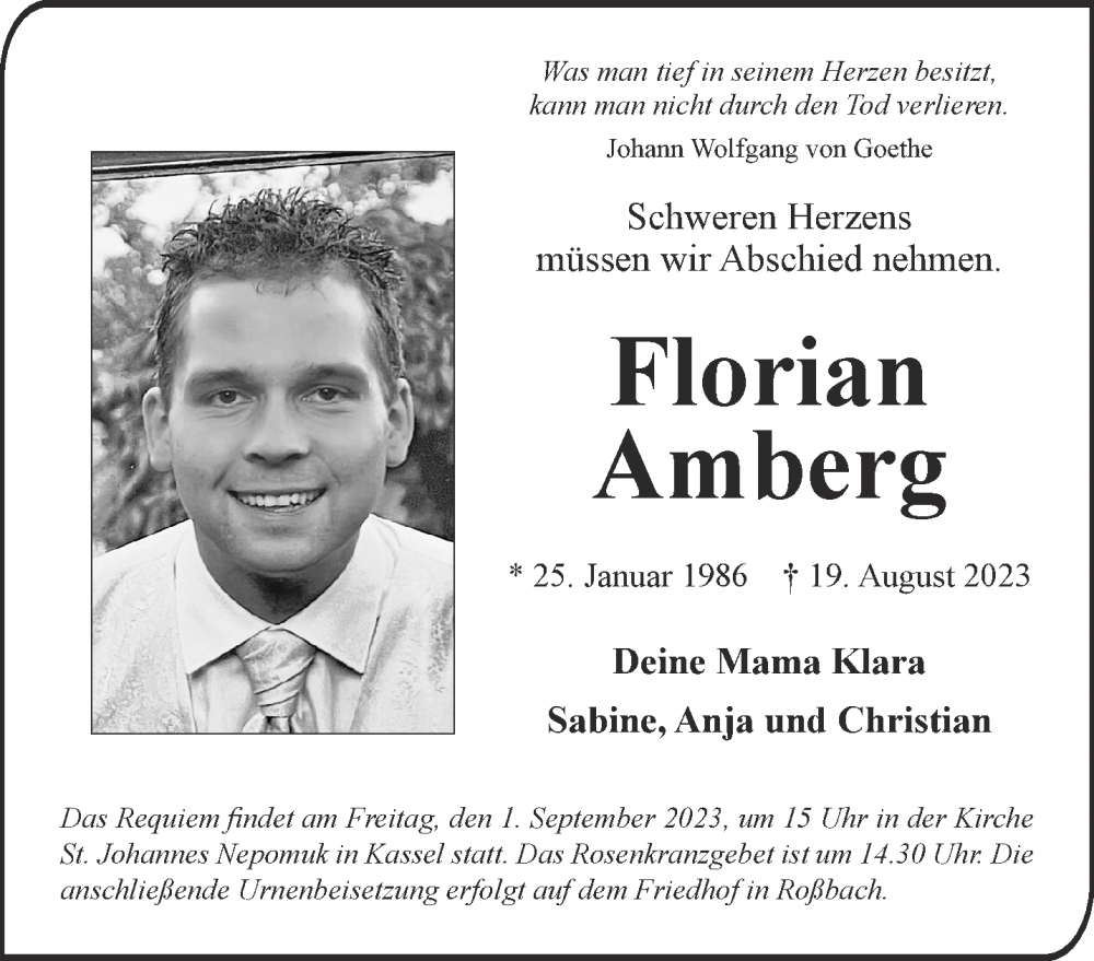  Traueranzeige für Florian Amberg vom 26.08.2023 aus Gelnhäuser Neue Zeitung