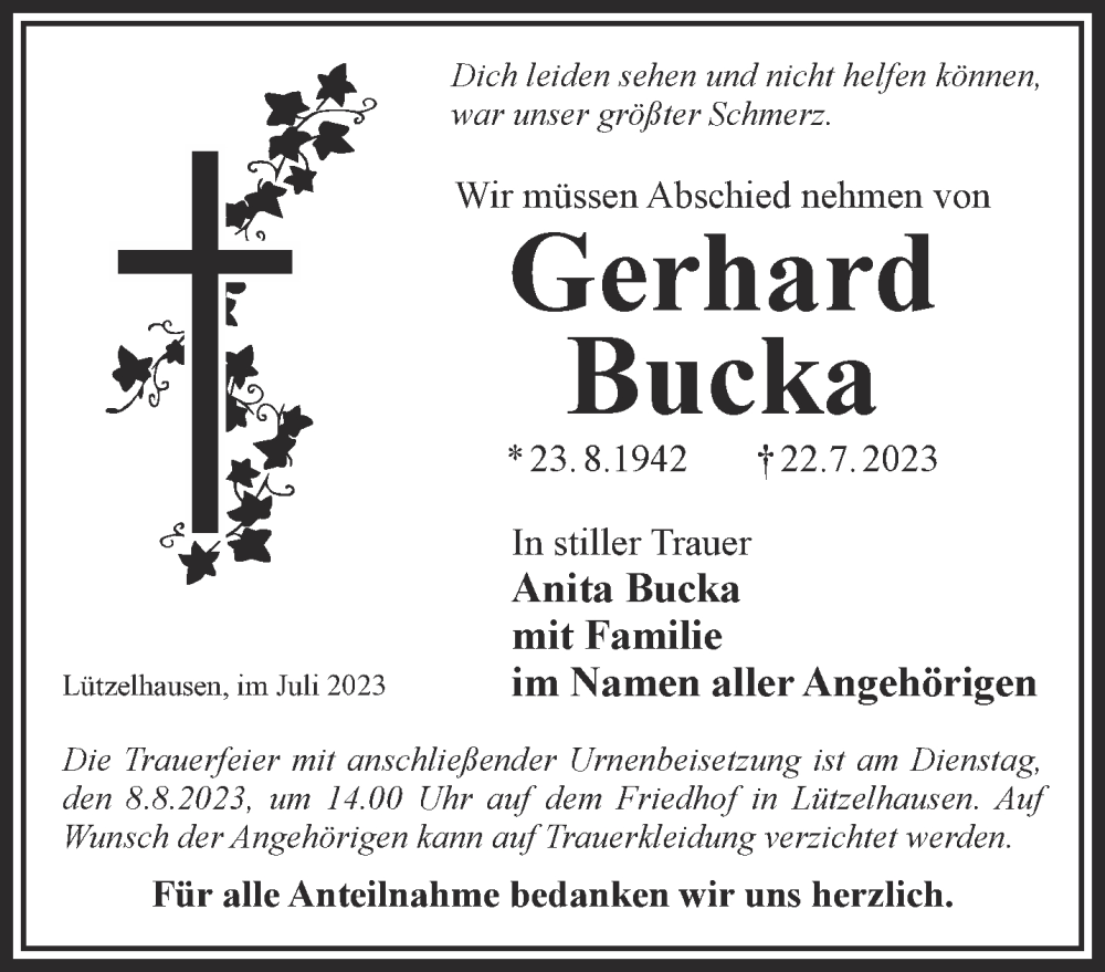 Traueranzeige für Gerhard Bucka vom 05.08.2023 aus Mittelhessen-Bote