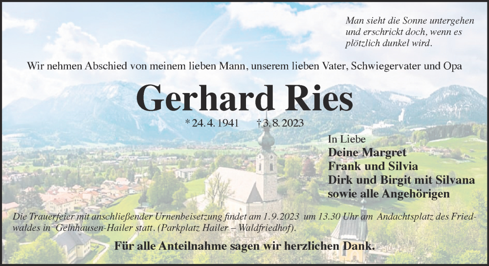  Traueranzeige für Gerhard Ries vom 19.08.2023 aus Gelnhäuser Neue Zeitung
