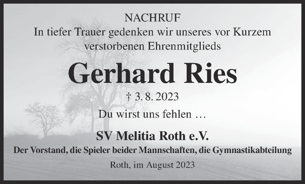  Traueranzeige für Gerhard Ries vom 26.08.2023 aus Gelnhäuser Neue Zeitung