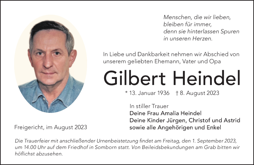  Traueranzeige für Gilbert Heindel vom 26.08.2023 aus Gelnhäuser Neue Zeitung