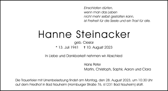 Traueranzeige von Hanne Steinacker von Gelnhäuser Neue Zeitung
