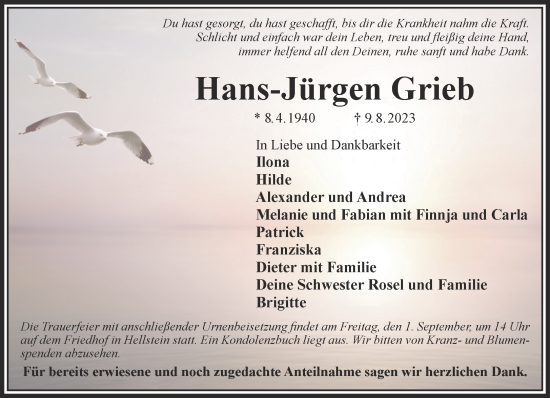 Traueranzeige von Hans-Jürgen Grieb von Gelnhäuser Neue Zeitung