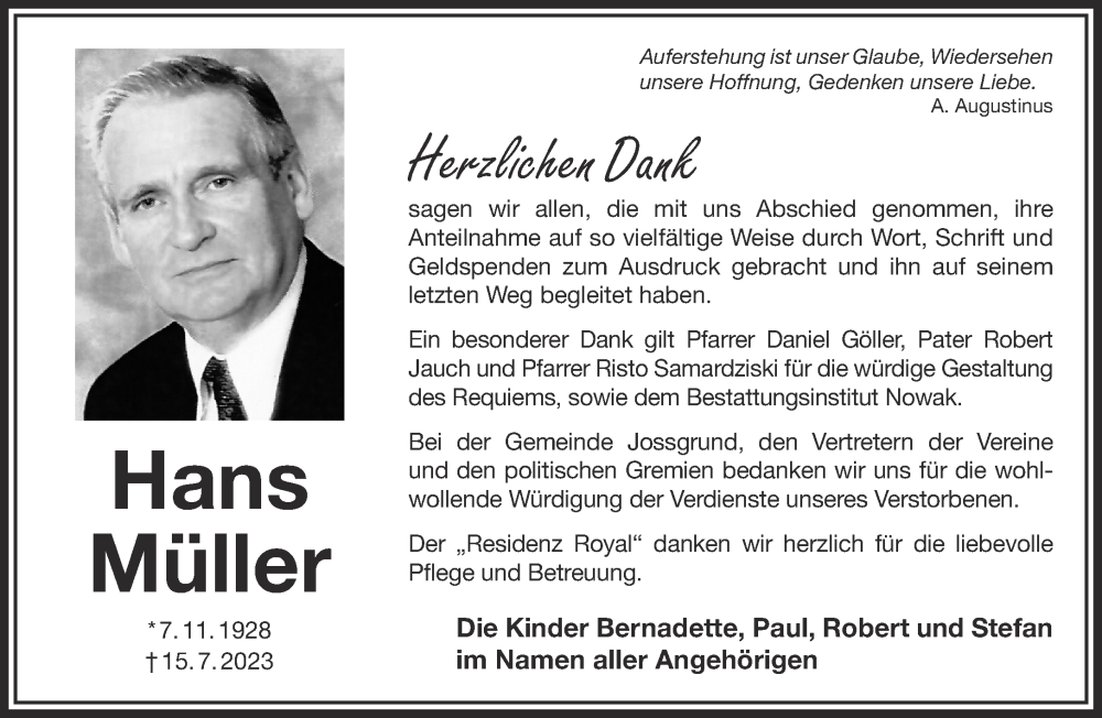  Traueranzeige für Hans Müller vom 19.08.2023 aus Gelnhäuser Neue Zeitung